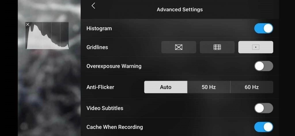 dji fly camera advanced setting page