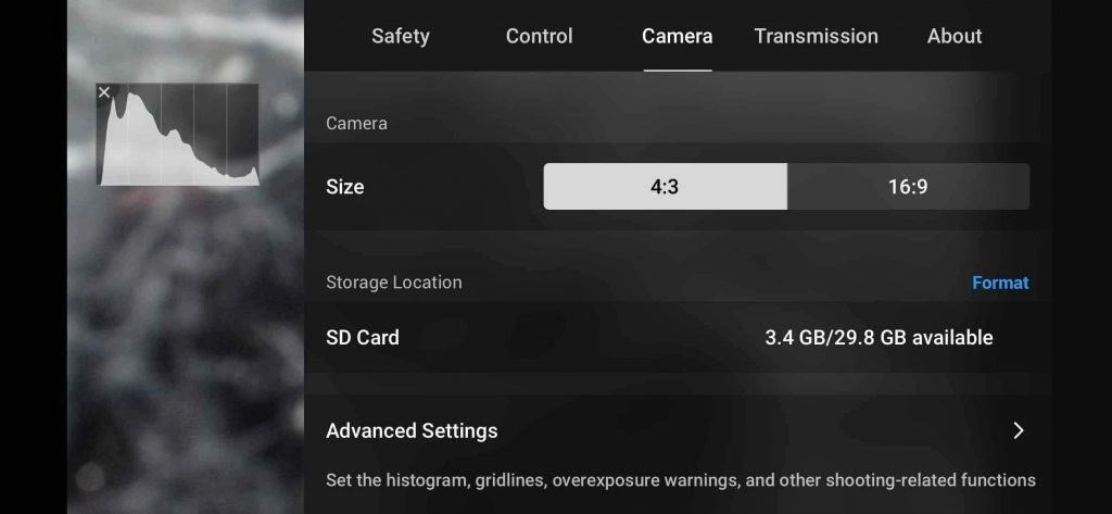 dji fly drone camera setting page