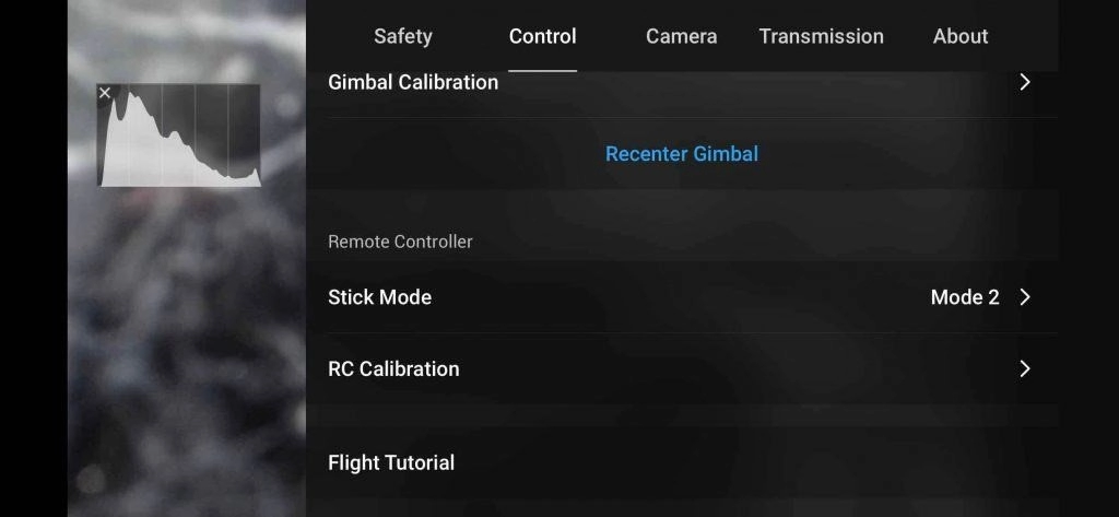 dji fly drone control setting page