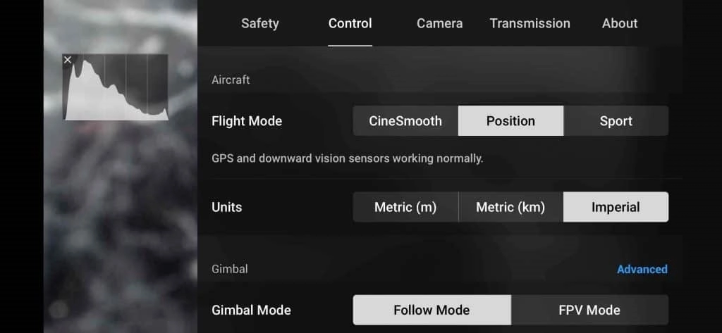 dji fly control setting page