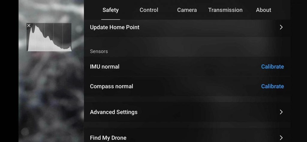 dji fly drone safety setting page