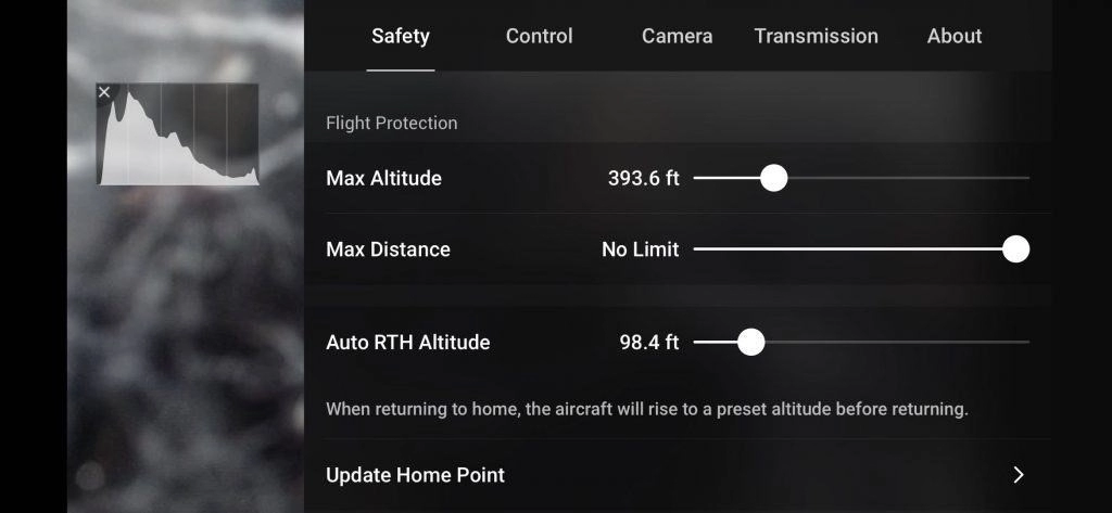 dji fly safety setting page